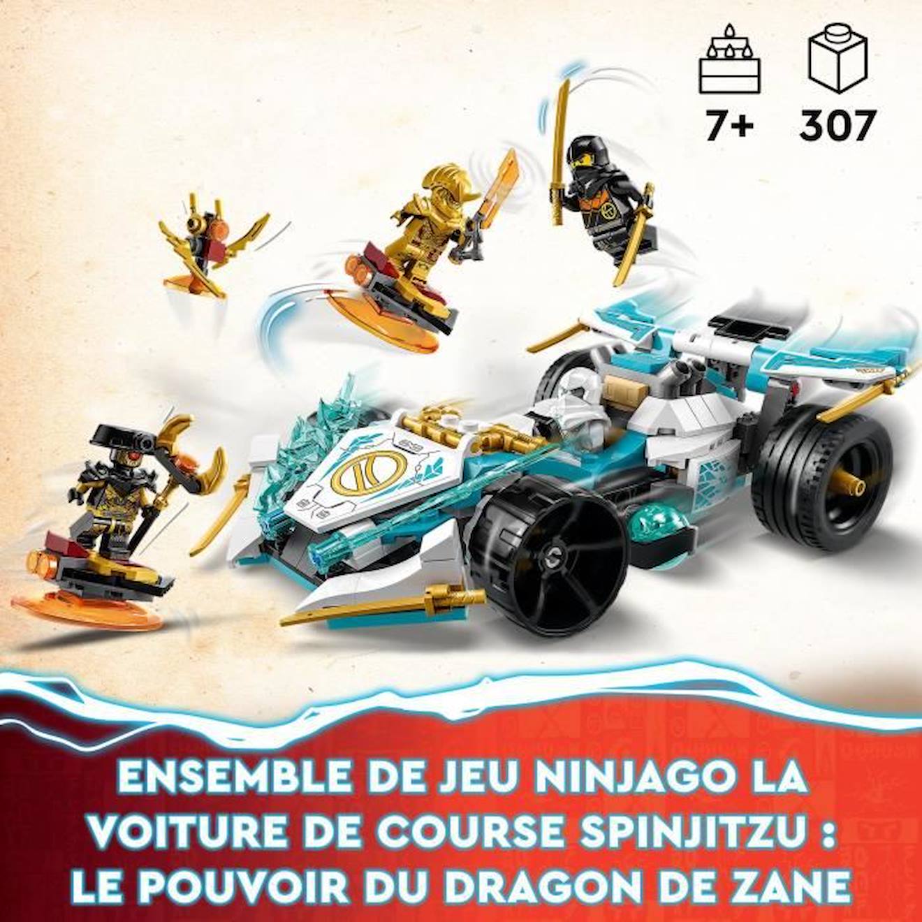 LEGO® NINJAGO 71791 La Voiture de Course Spinjitzu : le Pouvoir du Dragon de Zane, Jouet Enfants 7 Ans jaune