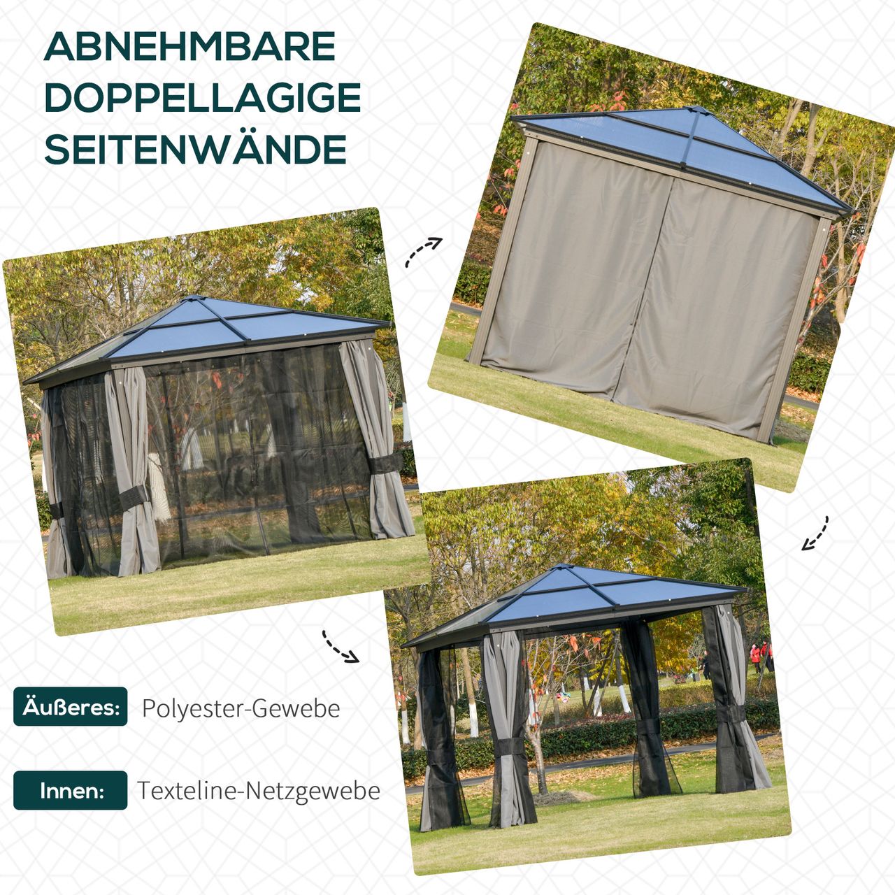 Outsunny Luxus Pavillon Gartenpavillon Alu Partyzelt Gartenzelt mit lichtdurchlässigem PC Dach Dunkelgrau Schwarz 300 x 300 x 265 cm