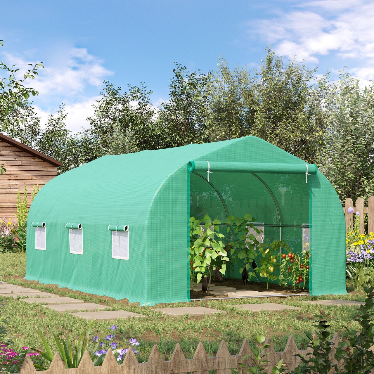 Outsunny Folien Gewächshaus Foliengewächshaus Treibhaus Frühbeet Pflanzenhaus Tomatenhaus Giebeldach 450 × 300B × 200H cm