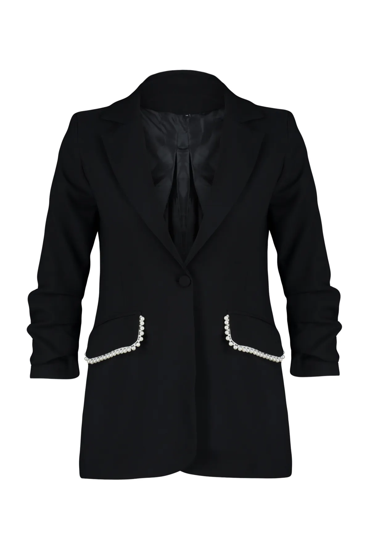 Trendyol Modest  Schwarzer Anzug aus Crêpe mit Perlendetails, Jacke, Hose, gewebter Unterteil und Oberteil TCTSS24US00011