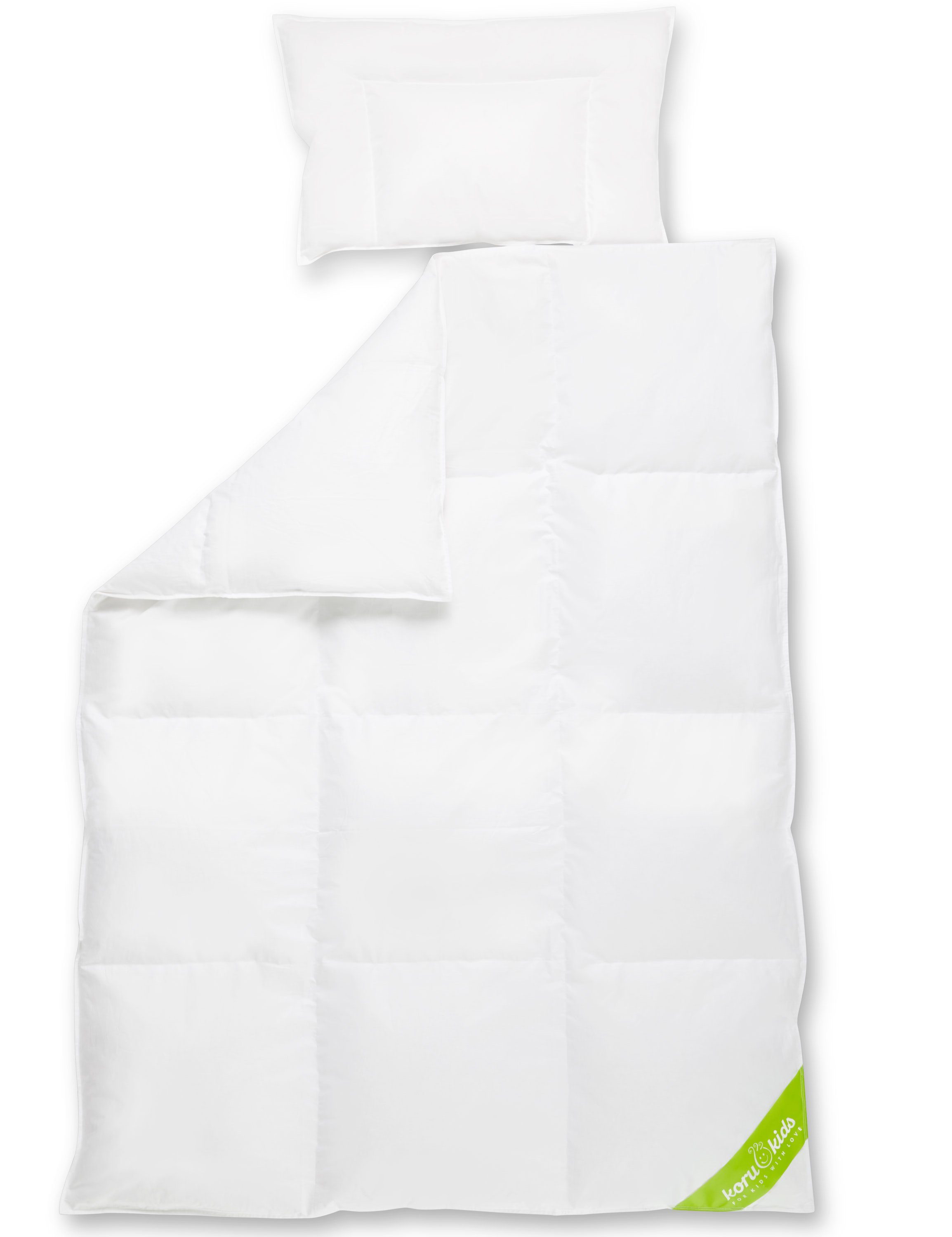 Kinderbettdecke + Kopfkissen, Daunen Kinderbettdecke 100x135 Set mit Kissen, Koru Kids, Füllung: 100% neue deutsche Entendaunen, made in Germany, waschbar bis 60°, natürliches Schlafen für Ihr Kind