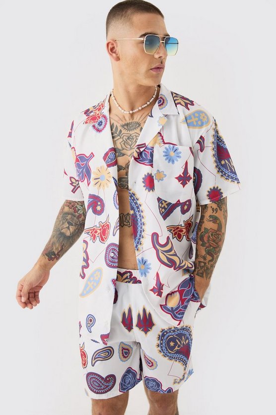 Oversize Ripstop Paisley-Hemd & Badehose
