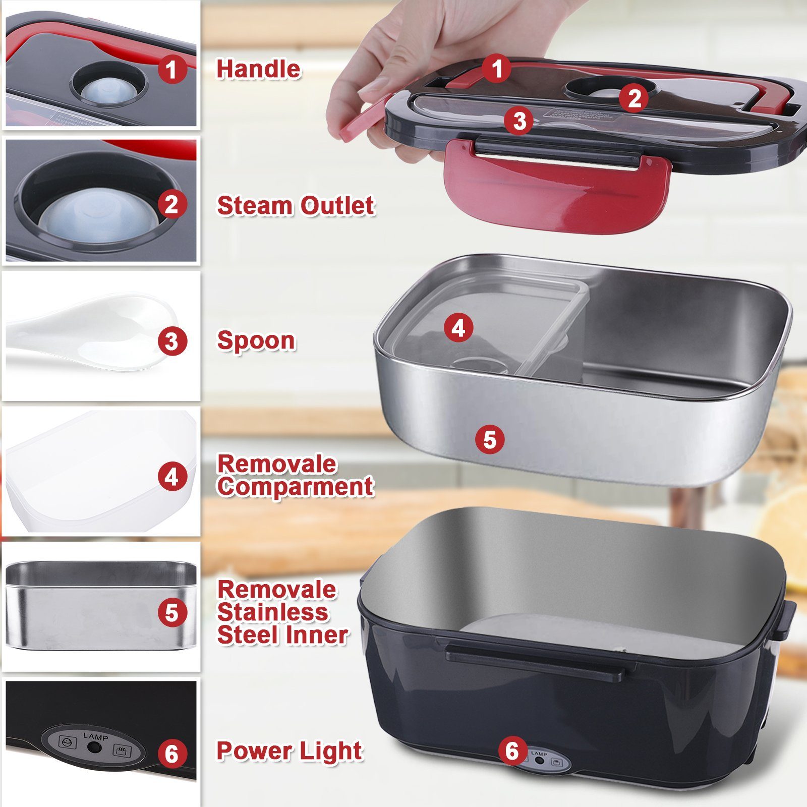 NASUM Elektrische Lunchbox mit Heizfunktion: Warme Mahlzeiten überall!, Kunststoff, hochwertige Edelstahl Verarbeitung
