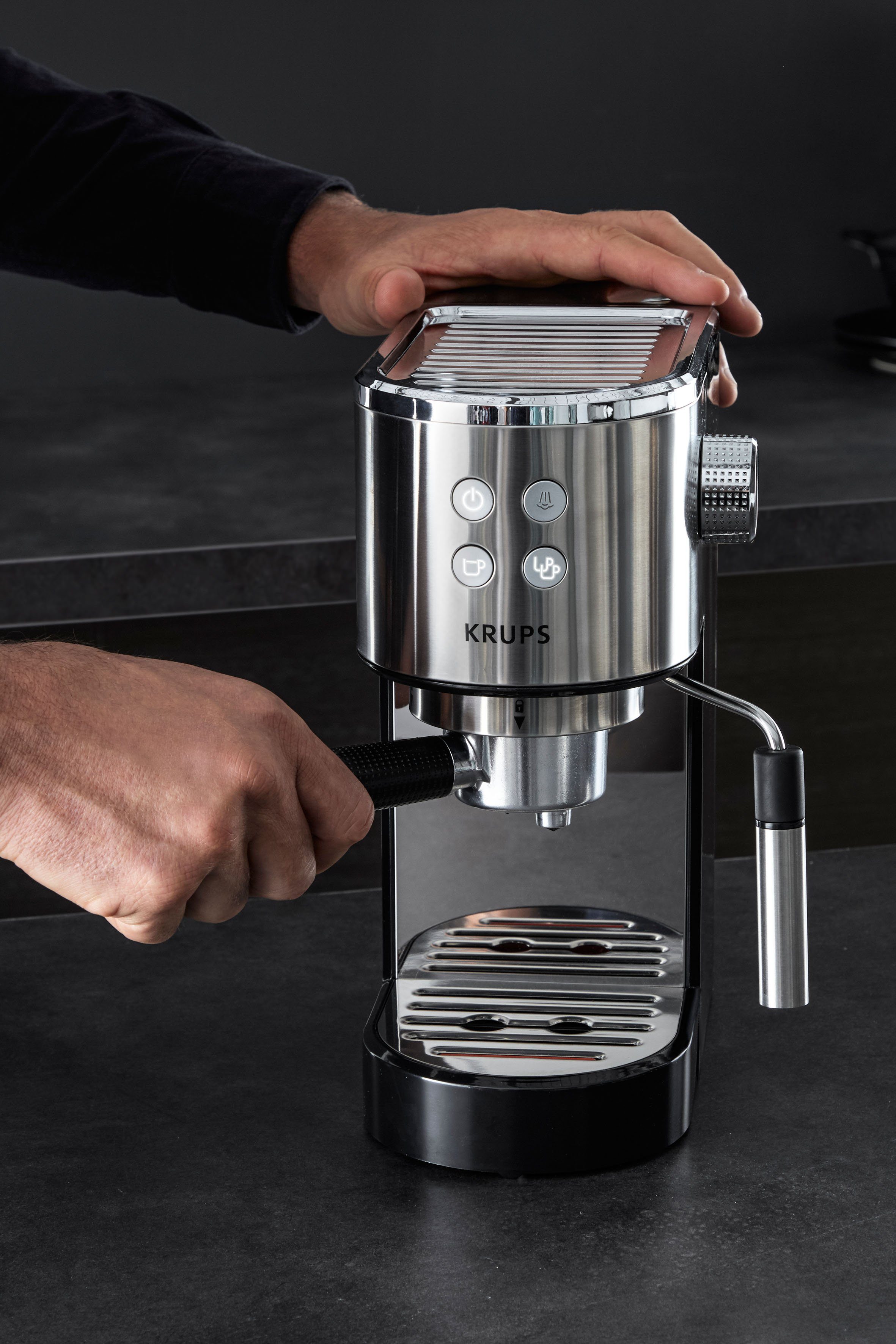Krups Siebträgermaschine XP442C Virtuoso, integrierter Tassenwärmer, automatische Abschaltung, 2-Tassen Funktion