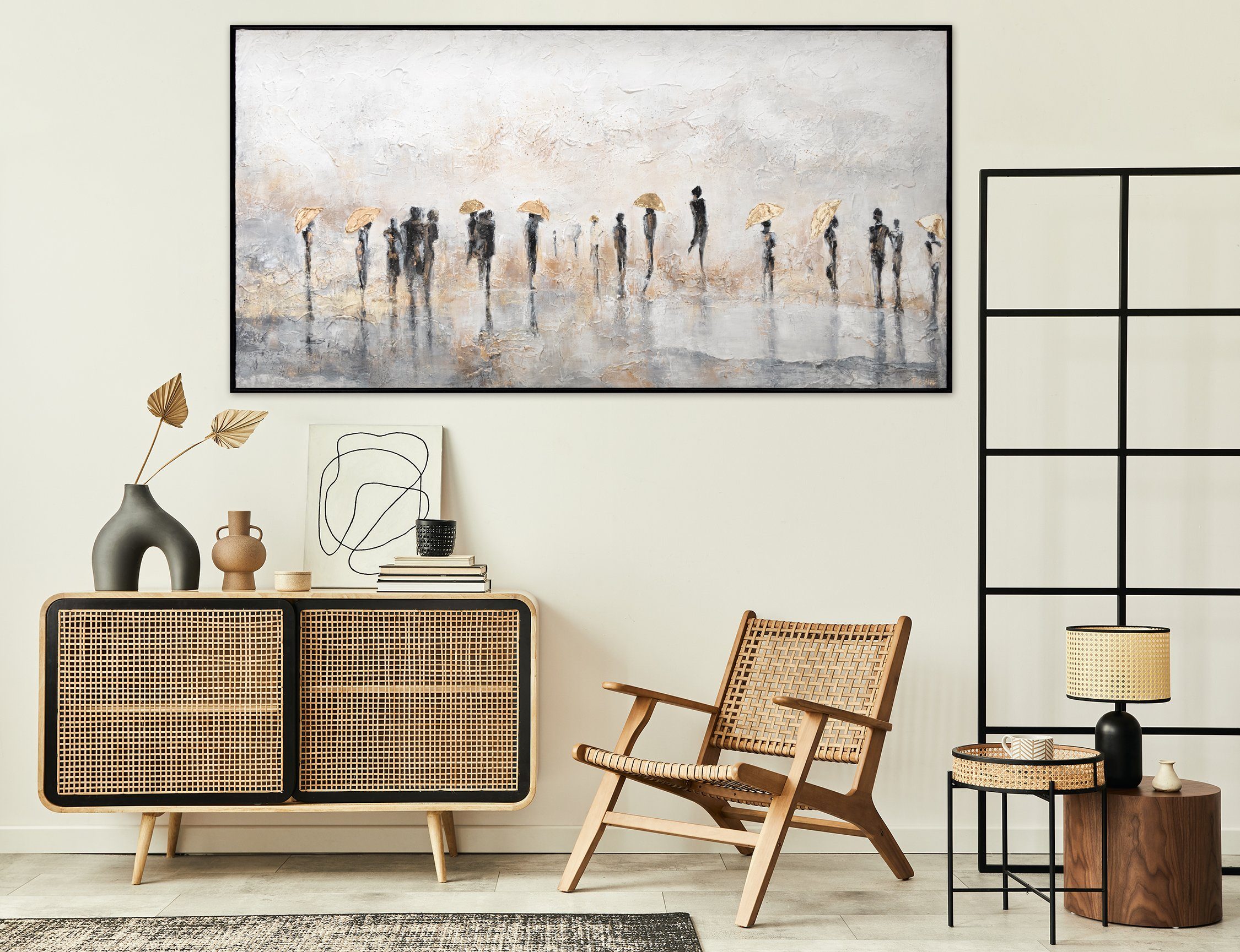 YS-Art Gemälde Sommerregen, Leinwand Bild Handgemalt Menschen Regenschirm Gold mit Rahmen