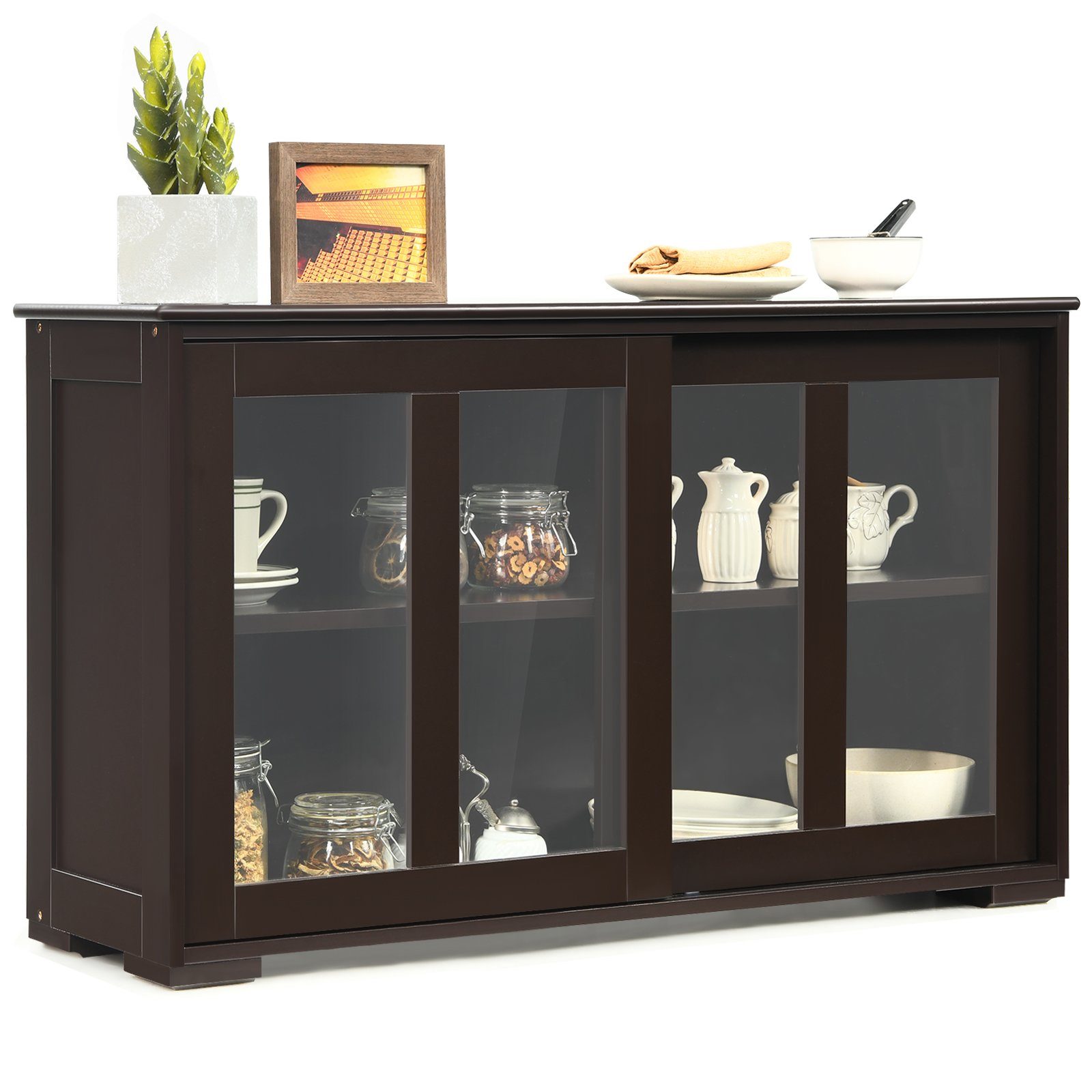 COSTWAY Sideboard, mit Schiebetüren, höhenverstellbarer Ablage