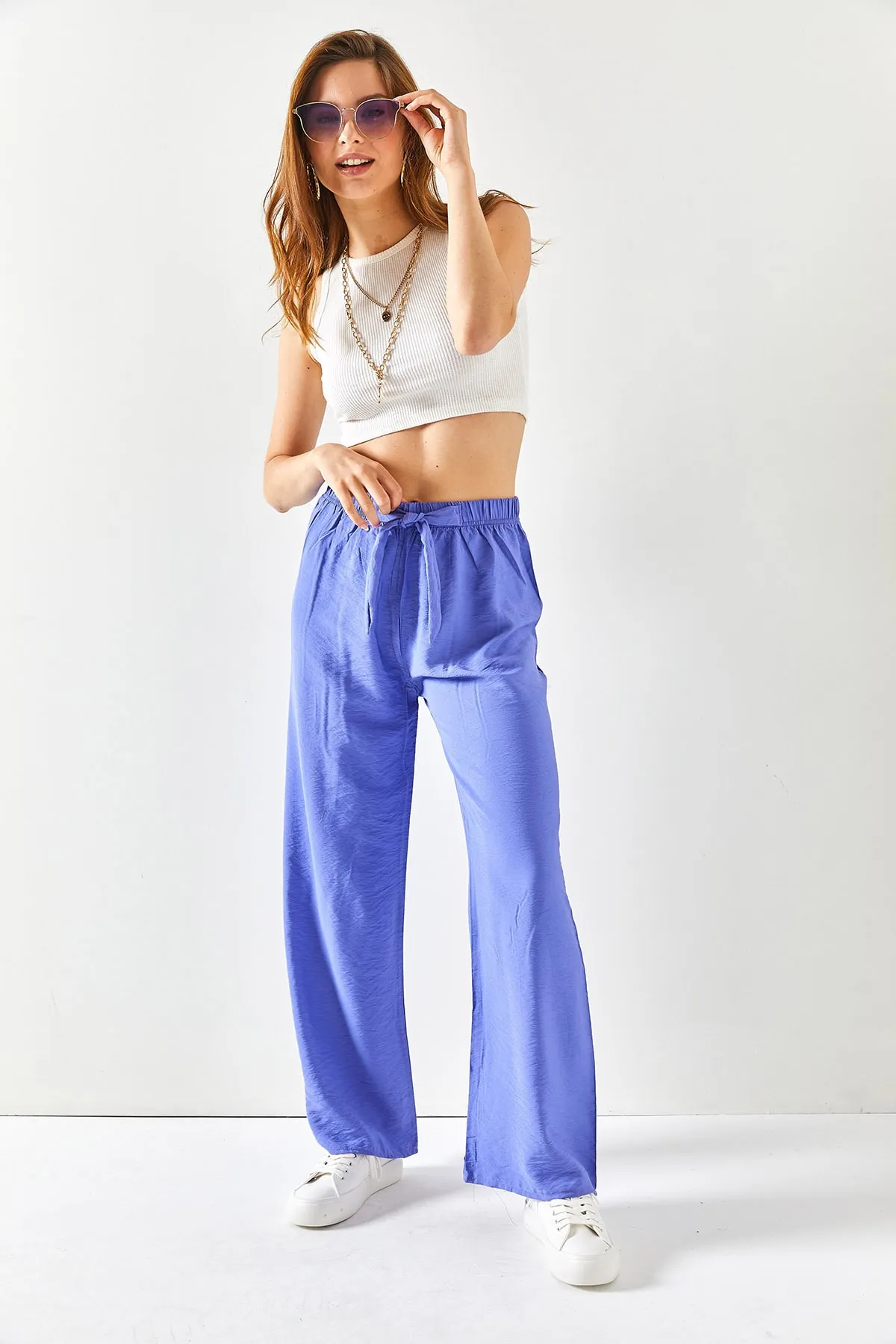 Olalook  Lilafarbene Palazzo-Ayrobin-Hose mit Gürtel und elastischem Bund für Damen PNT-19000200