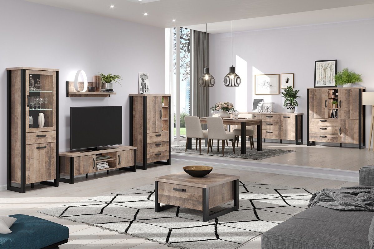 trendteam Wohnwand Wohnwand Anbauwand Emile, Eiche Tabak / Schwarz, 4-teilig, (4-St)
