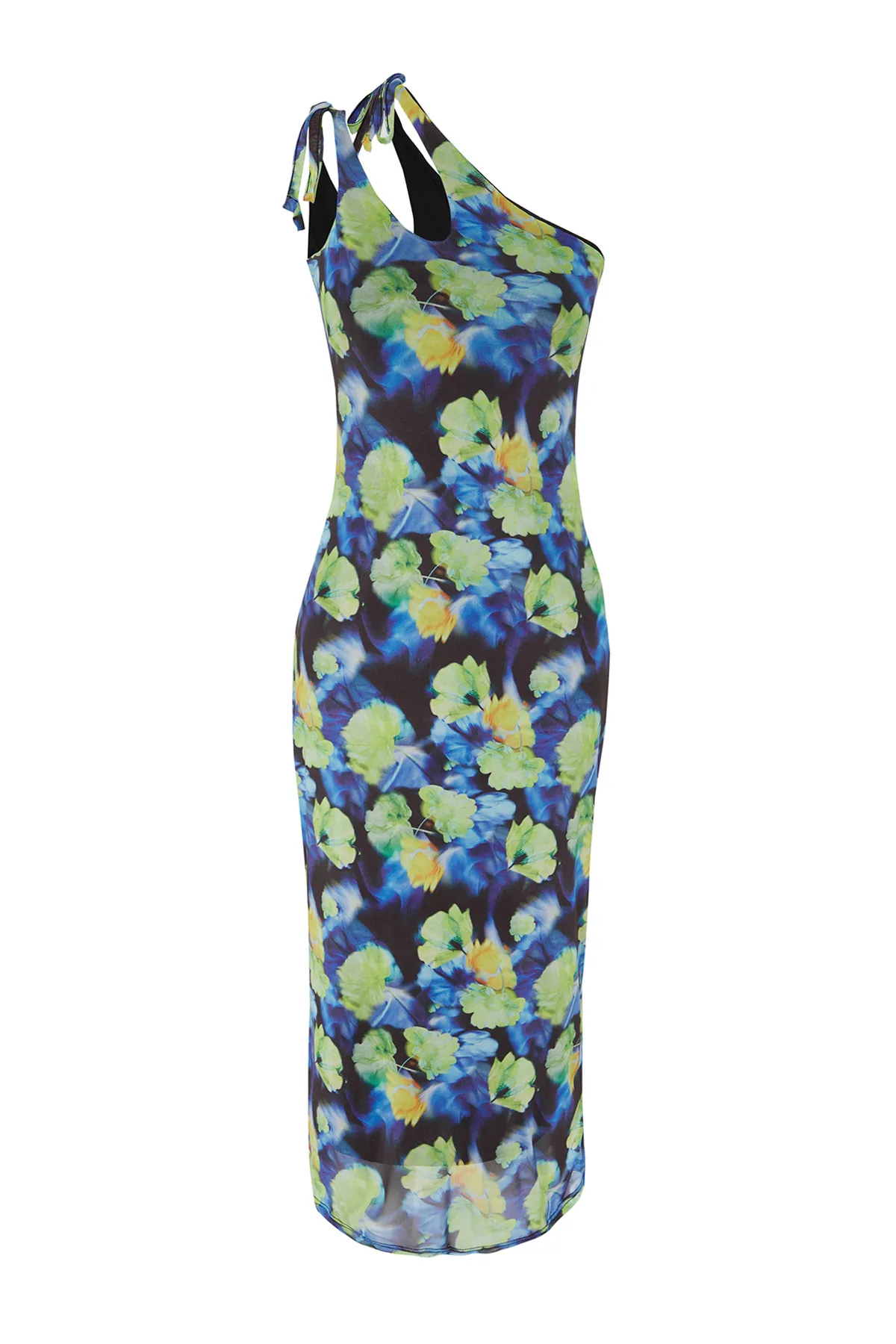 Trendyol Collection  Blaues, asymmetrisches, mit Tüll gefüttertes, figurbetontes Maxi-Bleistiftkleid aus dehnbarem Strick TWOSS23EL02315