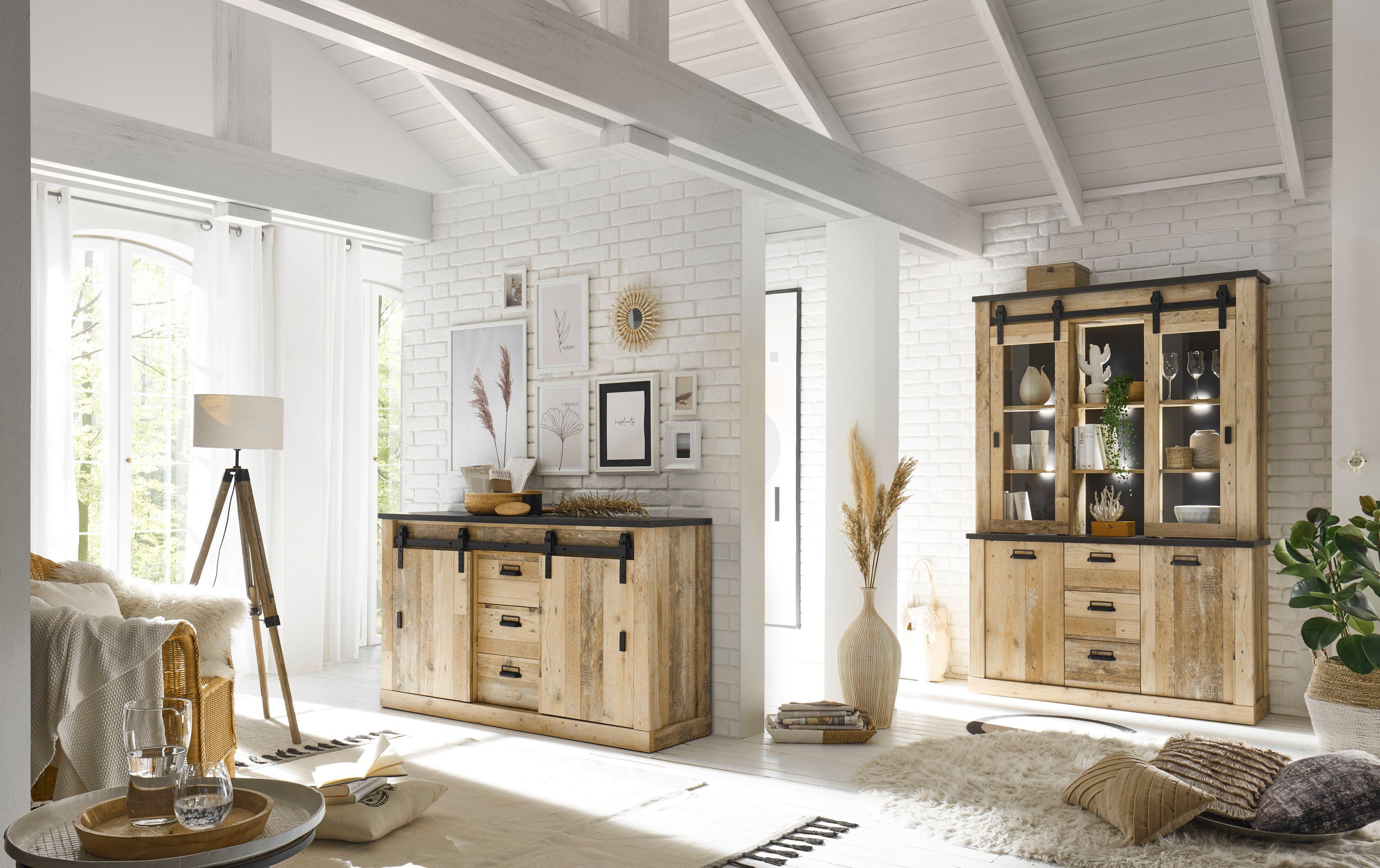 Home affaire Buffet SHERWOOD Holz Dekor, mit Scheunentorbeschlag und Apothekergriffen, Breite 133cm