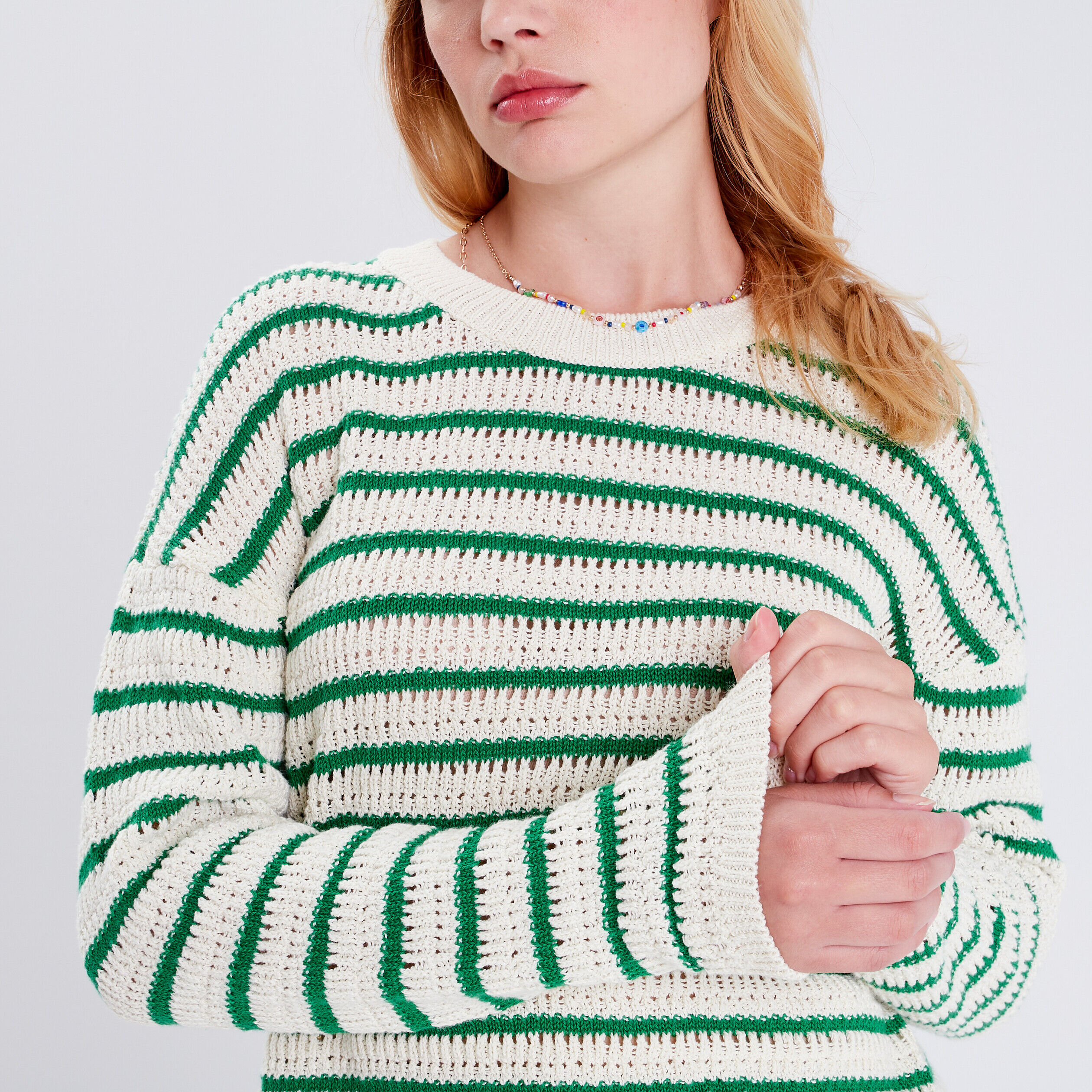 Pull manches longues ajouré vert femme | Cache Cache
