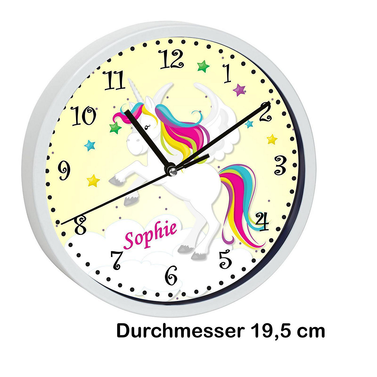 Kinder Wanduhr personalisiert mit Name Pegasus Gelb