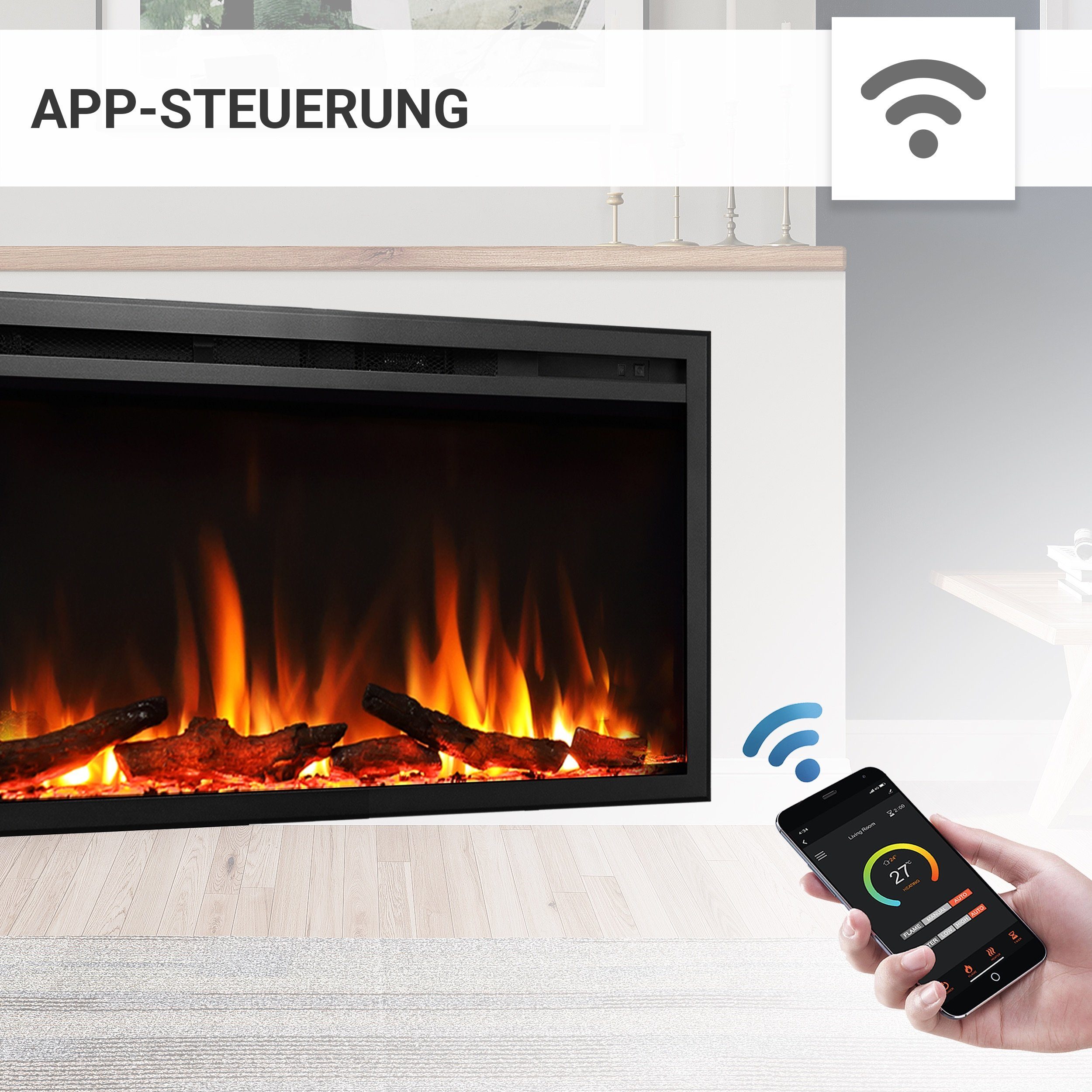 RICHEN Elektrokamin Atalanta, Einbaukamin mit Heizung 2000W, 3D-Flammeneffekt, integrierte Knisterfunktion, Fernbedienung, Timer, Thermostat