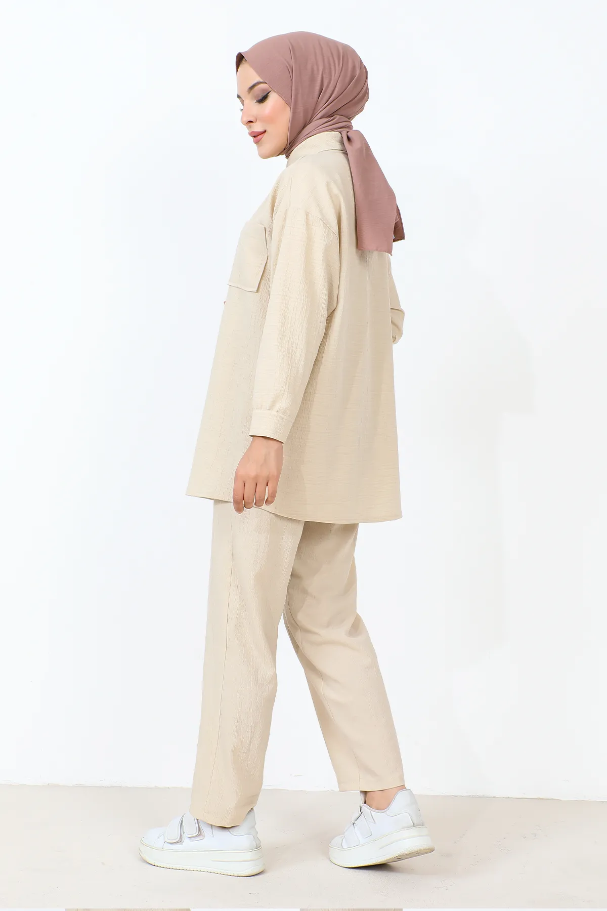 Tesettür Dünyası  Doppelter Anzug mit Taschendetail TSD231009 Beige