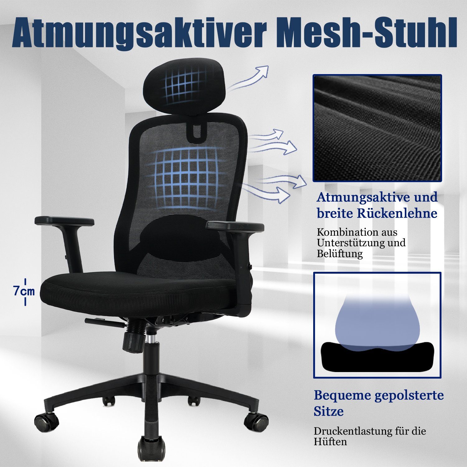 Durrafy Bürostuhl Bürostuhl Ergonomischer,Chefsessel,Schreibtischstuhl, mit Wippfunktion bis 130°, Leise rollen, Bürostuhl 150 KG