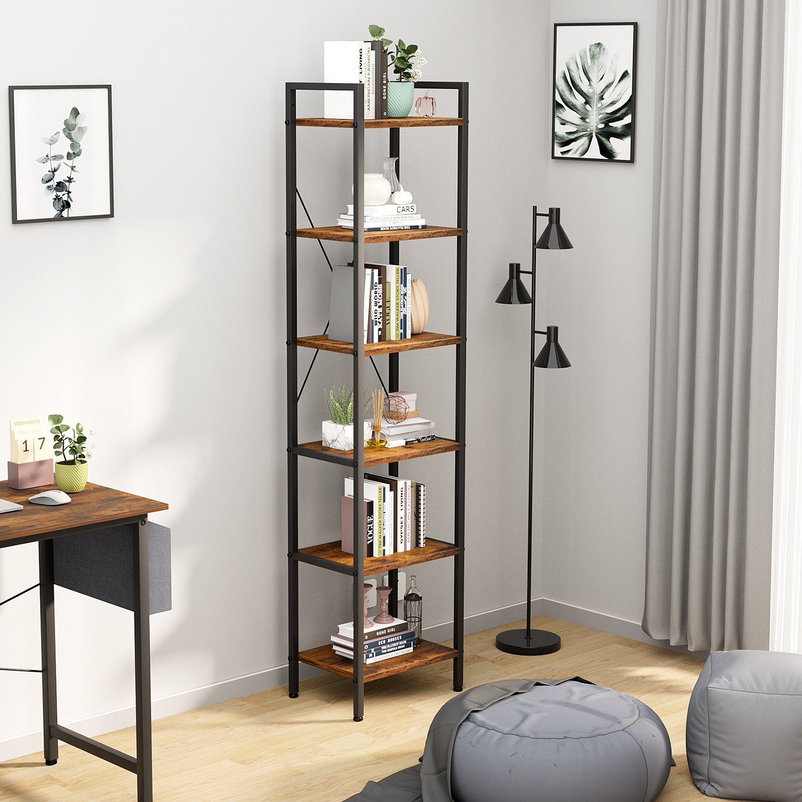 TLGREEN Bücherregal, mit 6 Ebenen, bücherregal standregal, 187 x 40 x 30 cm, Braun