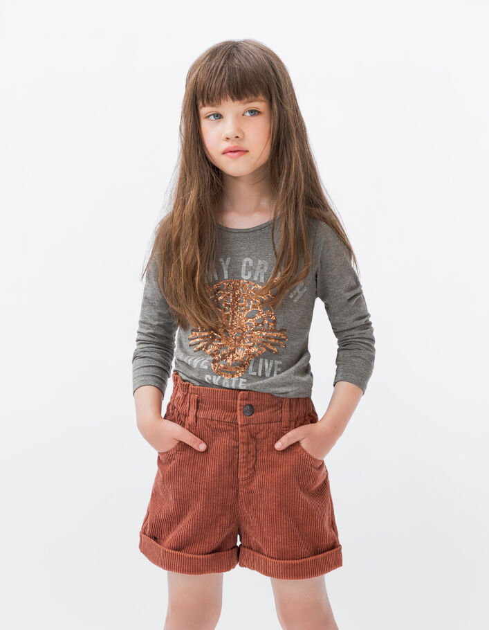 T-shirt kaki tête de léopard sequins fille