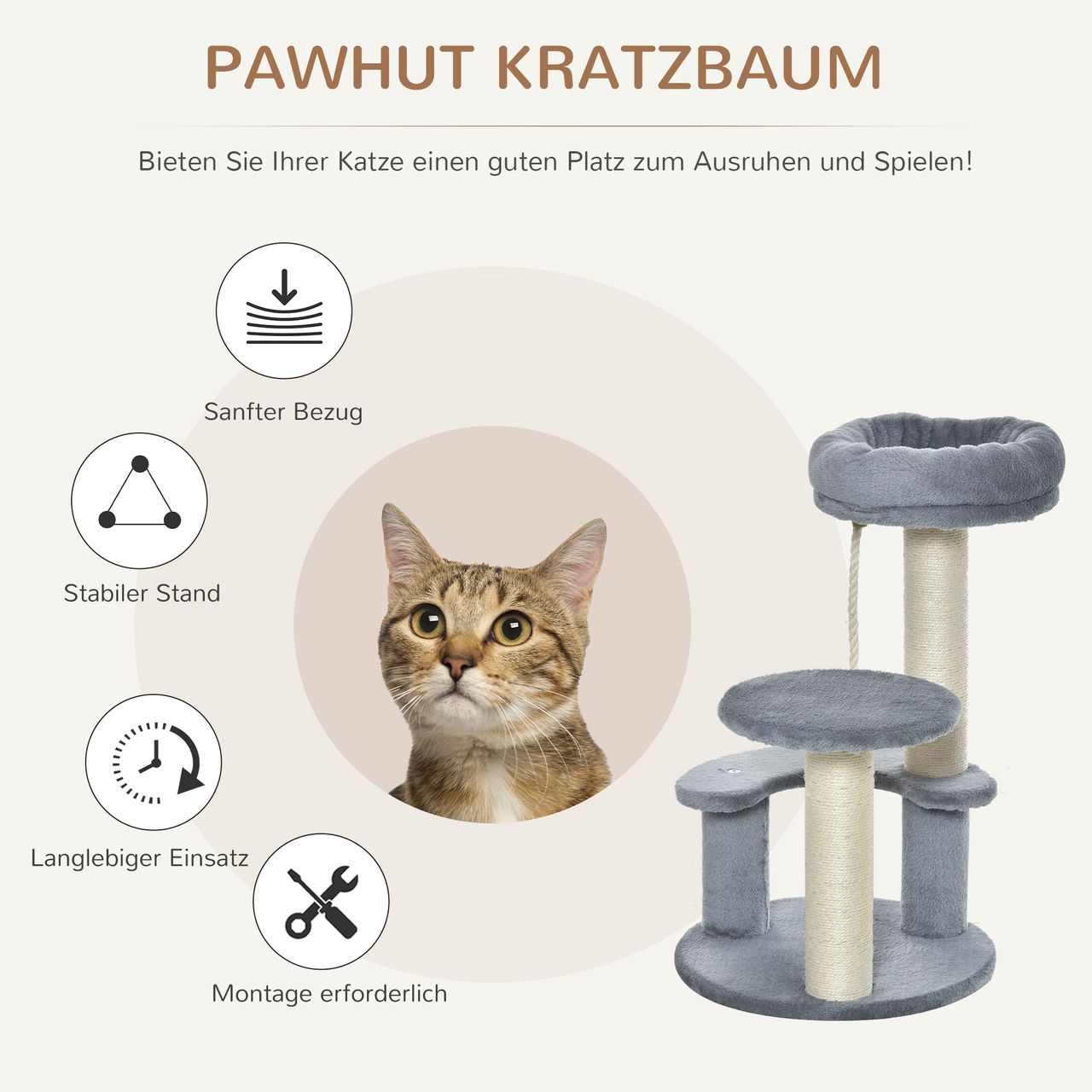 PawHut Katzenbaum Kletterbaum Spielbaum Katzenbett Katzenkratzbaum Grau