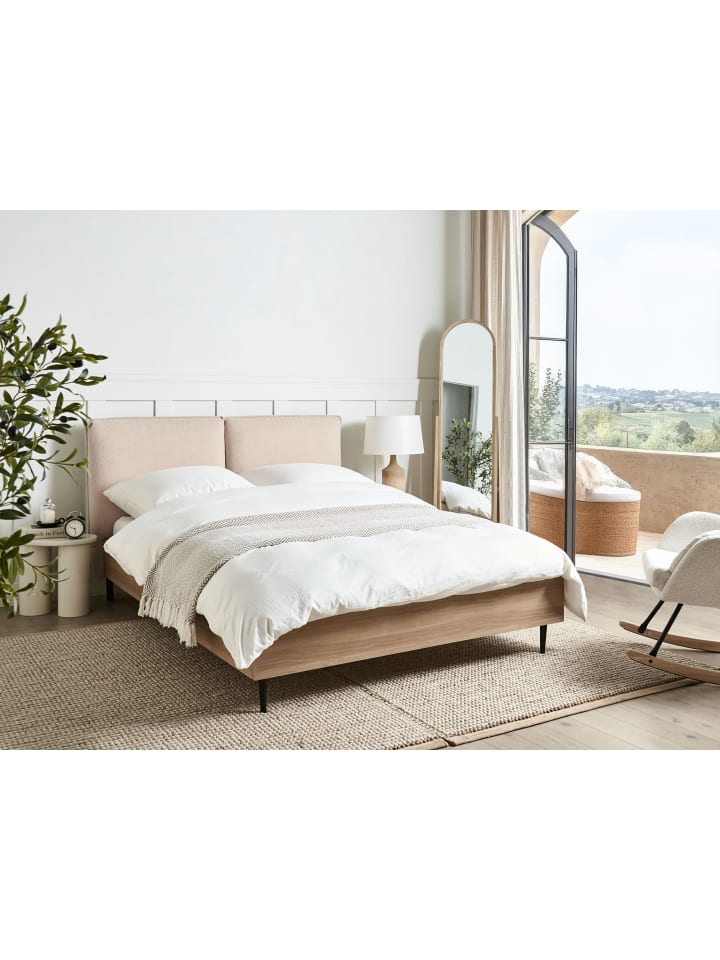 Beliani Doppelbett LIMANTON in Beige/Heller Holzfarbton/Schwarz günstig kaufen onesize