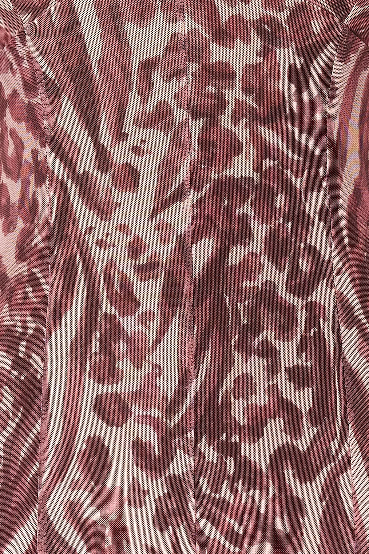 Trendyol Collection  Braunes Tüllkleid mit V-Ausschnitt und Blumen- und Leopardenmuster TWOSS24EL00384
