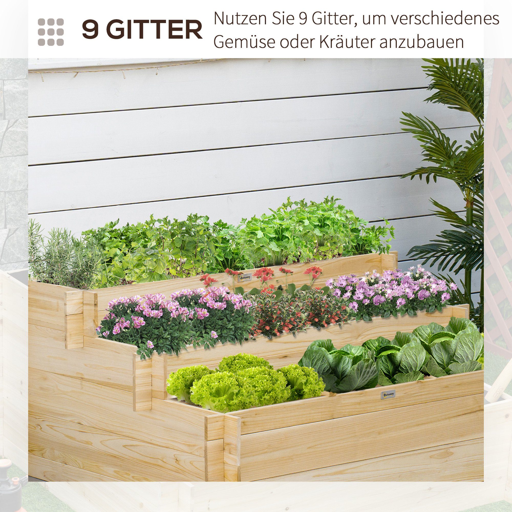 Outsunny Hochbeet 3-stufiges Pflanzentreppe, Pflanzenbeet, Kräuterbeet (Blumentreppe, 1 St., Blumenkasten), Natur, 117 x 100 x 54 cm