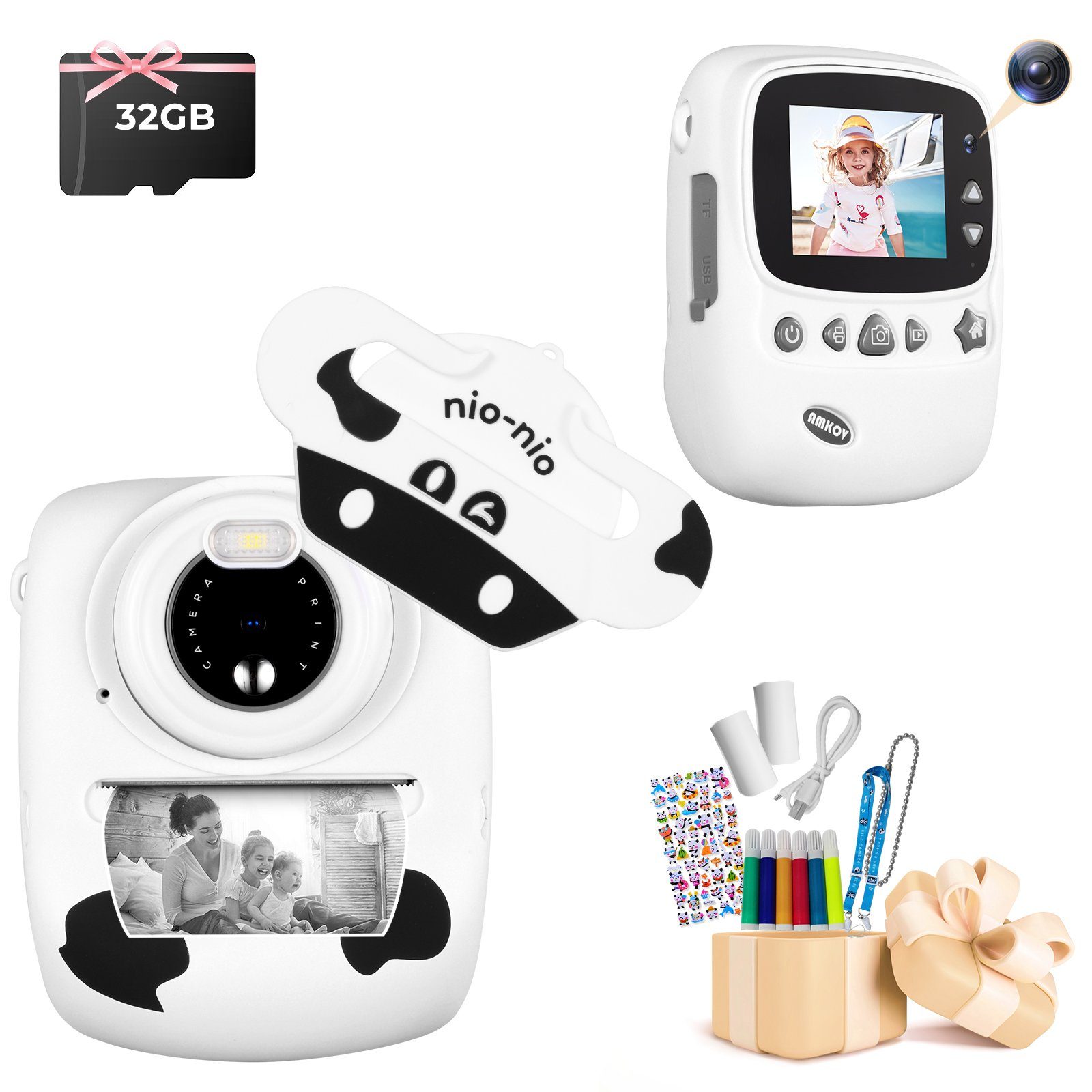 Fine Life Pro CD-P01B Kinderkamera (30 MP, 16x opt. Zoom, WLAN (Wi-Fi), inkl. 6 farbigen Pinselstiften + 2 Rollen Druckpapier + Aufkleber, Videoaufnahmen mit Ton in Full HD, automatische Abschaltung, automatische Blitzzuschaltung)