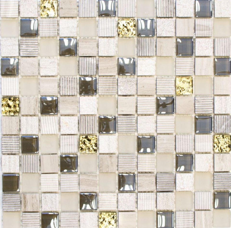 Mosani Mosaikfliesen Glasmosaik Naturstein Mosaik hellgrau gold matt / 10 Matten