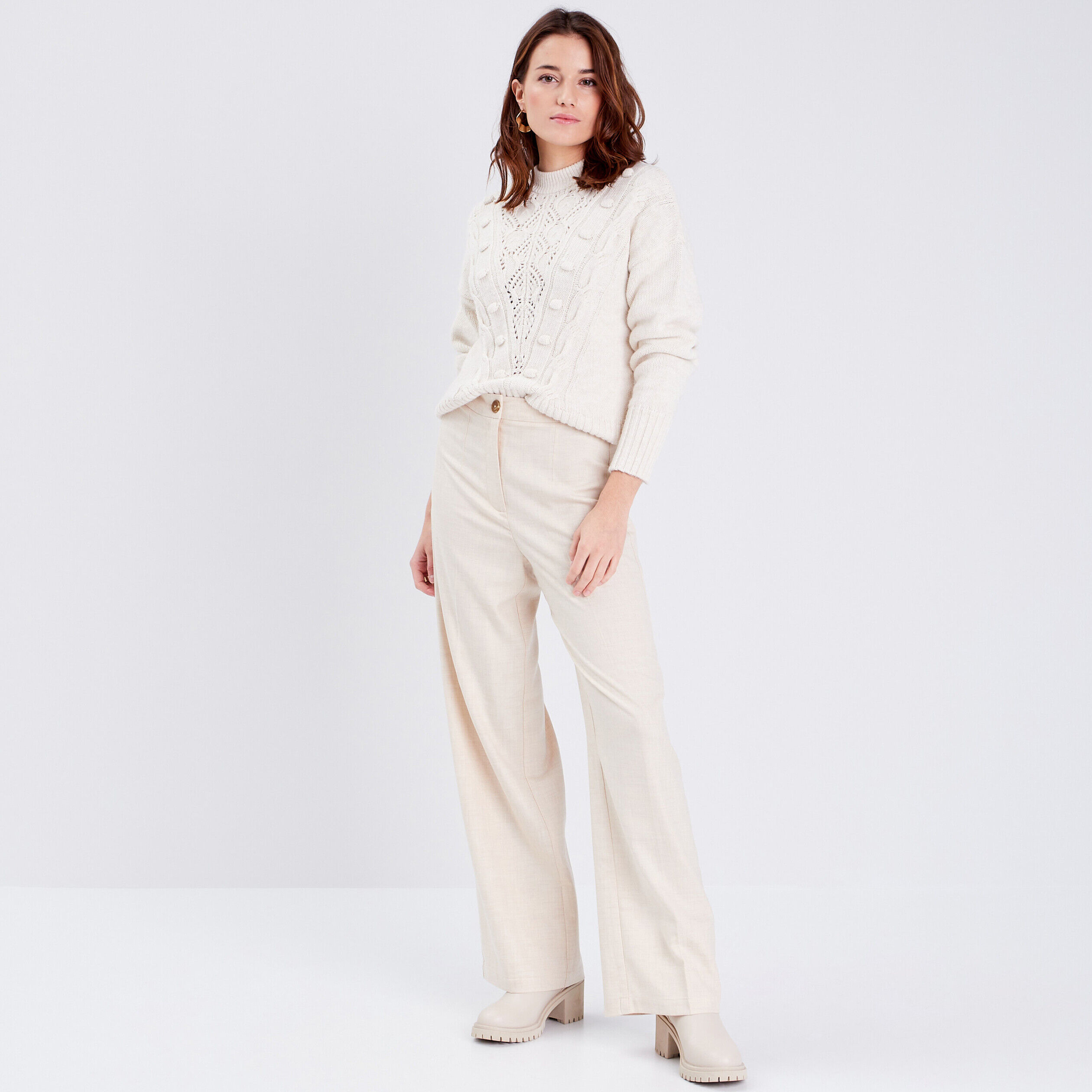 Pull manches longues ajouré ecru femme | Cache Cache
