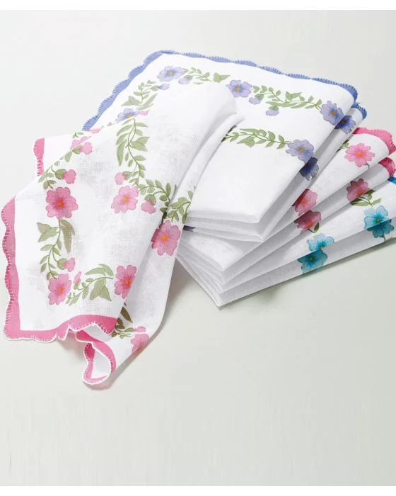 Lot de 12 mouchoirs pur coton fleuris