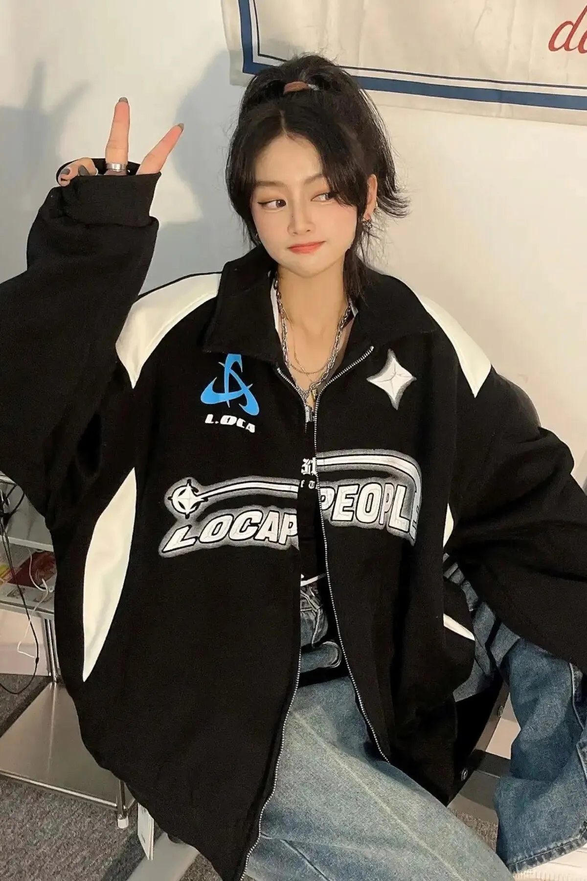 EFBUTİK  Schwarzer Unisex Y2k Streetwear Locapeople Ribbon Zipper Cardigan