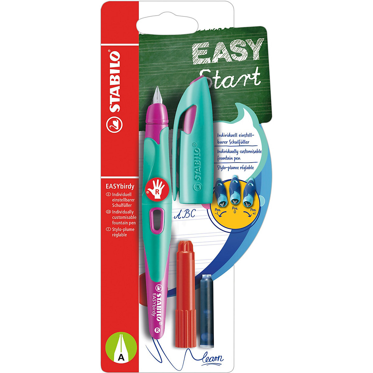 Schulfüller EASYbirdy Rechtshänder A-Feder türkis/neonpink , inkl. Patrone & Einstellwerkzeug