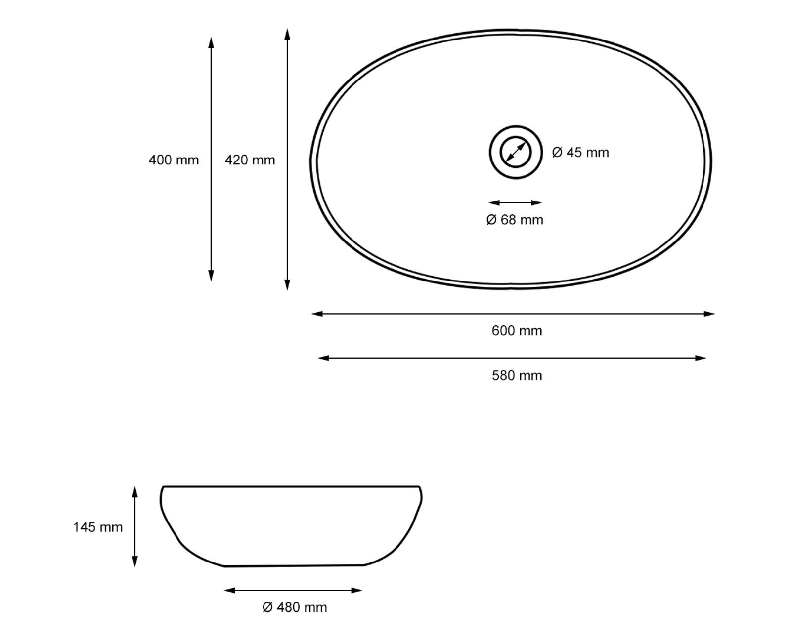 HAGO Aufsatzwaschbecken Keramik Waschbecken oval 600x420x145 weiß ohne Überlauf Aufsatzwaschbe