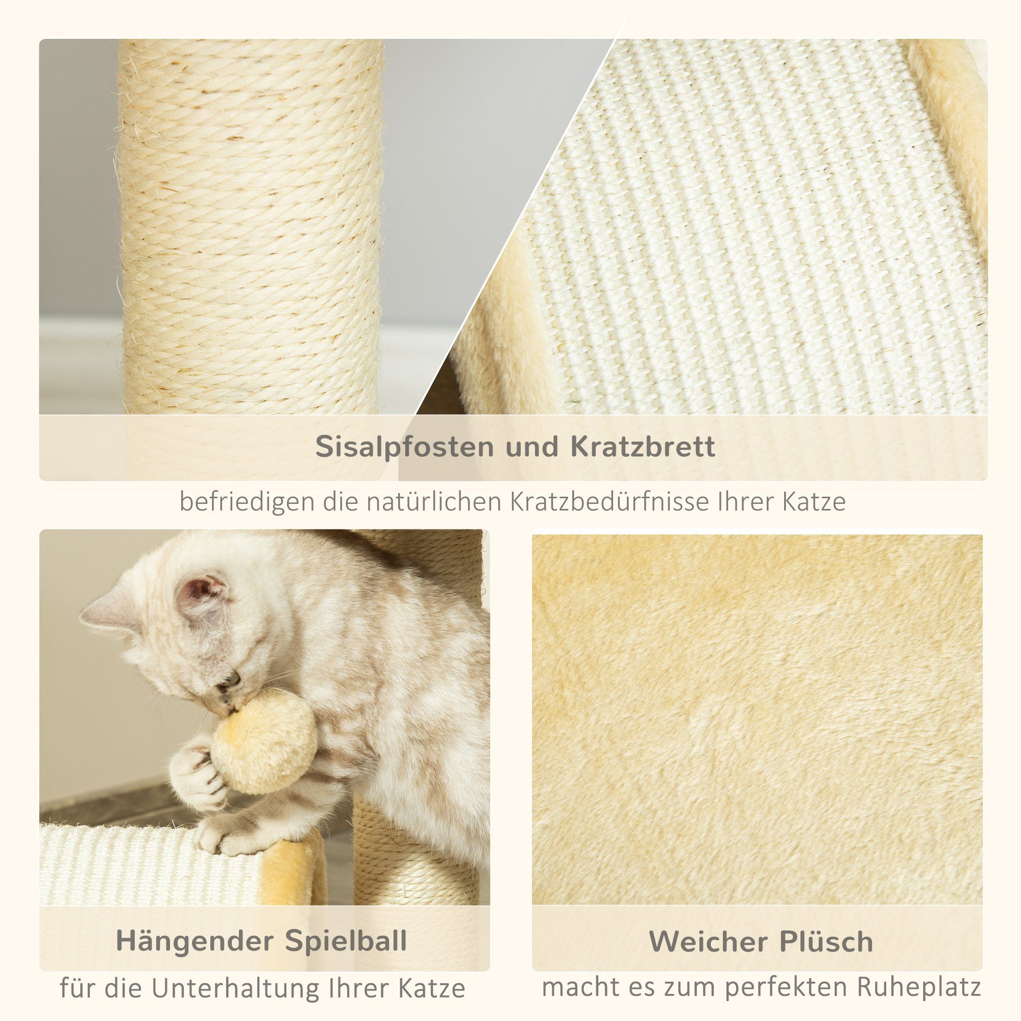 PawHut Kratzbaum Katzenbaum mit Spielbällen Sisalseil-Kratzstangen, Beige, 35.5L x 37B x 46H cm