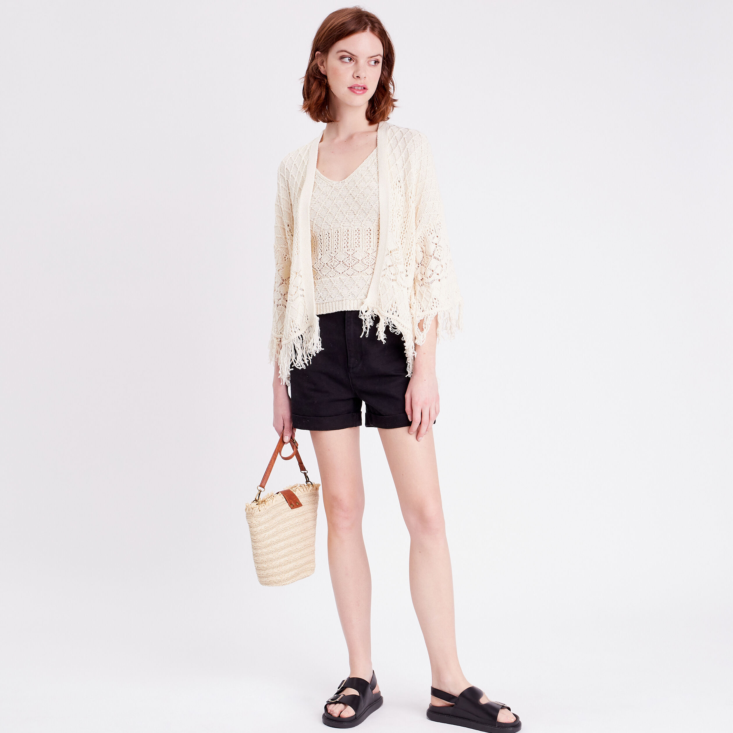 Gilet esprit kimono franges ecru femme | Cache Cache