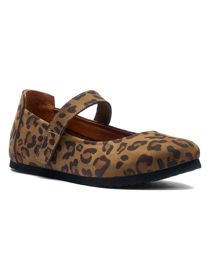 Comfortfusse Leder-Spangenballerinas in Hellbraun/ Schwarz günstig kaufen