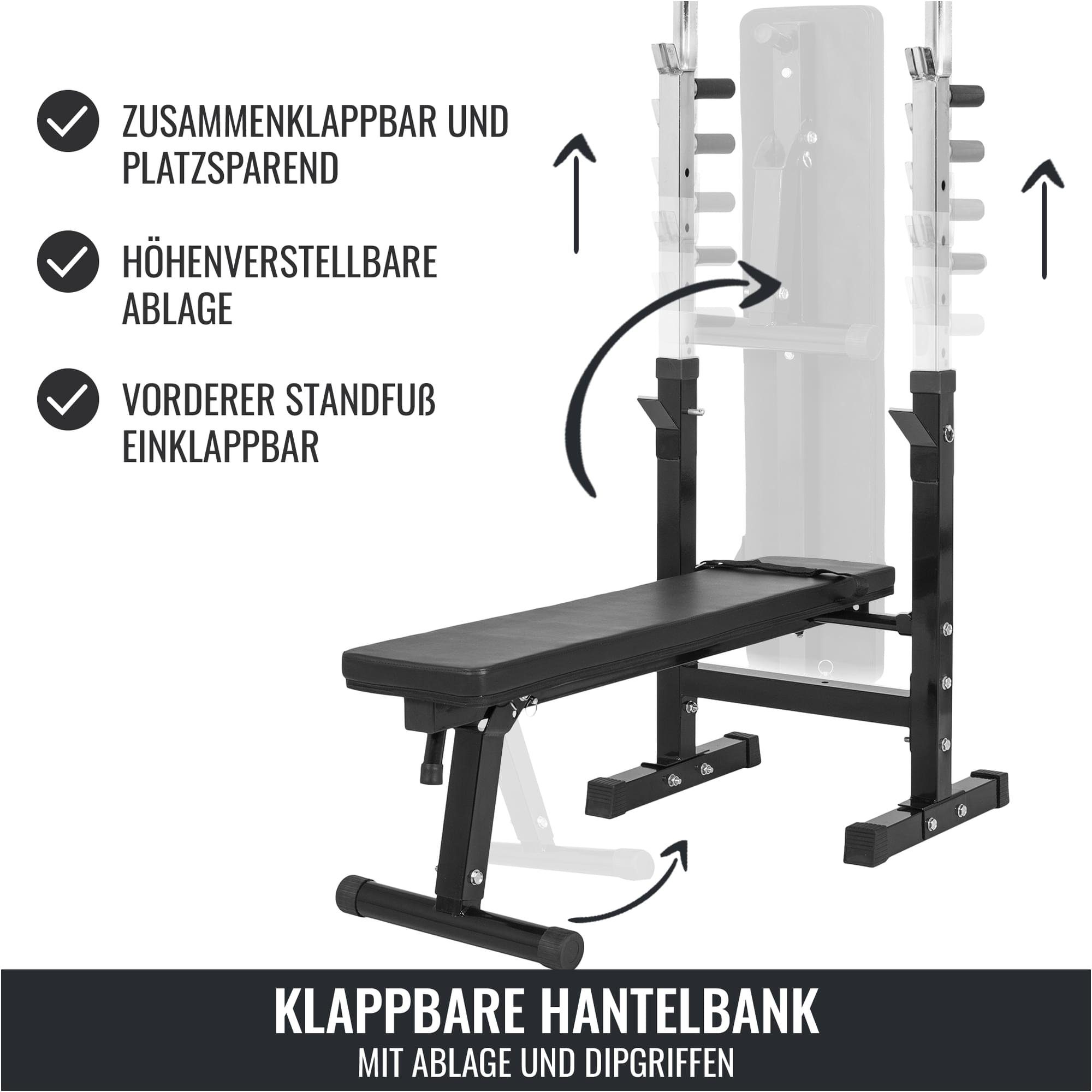 GORILLA SPORTS Hantelbank Langhantelset 100 kg, mit Ablage und Dip-Station, Klappbar