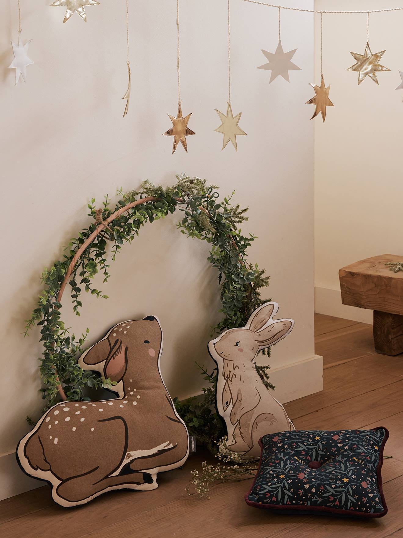 Vertbaudet 3er-Set Kinderzimmer Tierkissen MAGIC FOREST - blau bedruckt