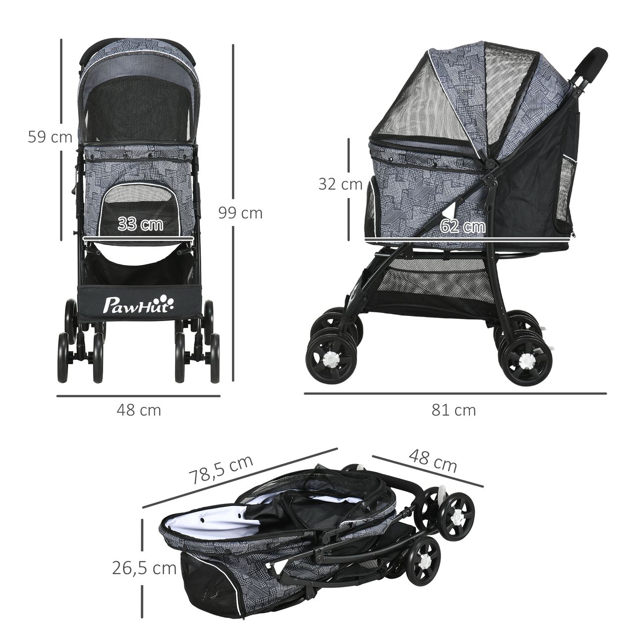 PawHut Hundewagen, faltbarer Hundetrolley, Hundebuggy mit Kissen, Katzenwagen