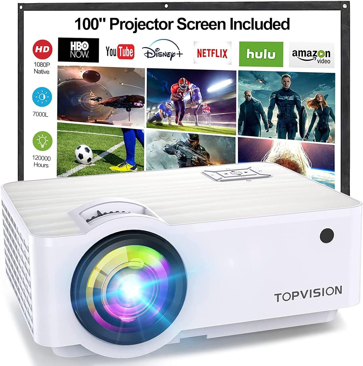 TOPVISION Native Heimkino Beamer Unterstützt 1080P Full HD Portabler Projektor (7000 lm, 9000: 1, 1280 x 720P, px, mit 300'' Display 120000 Stunden LED Projektor Kompatibel mit HDMI/USB)