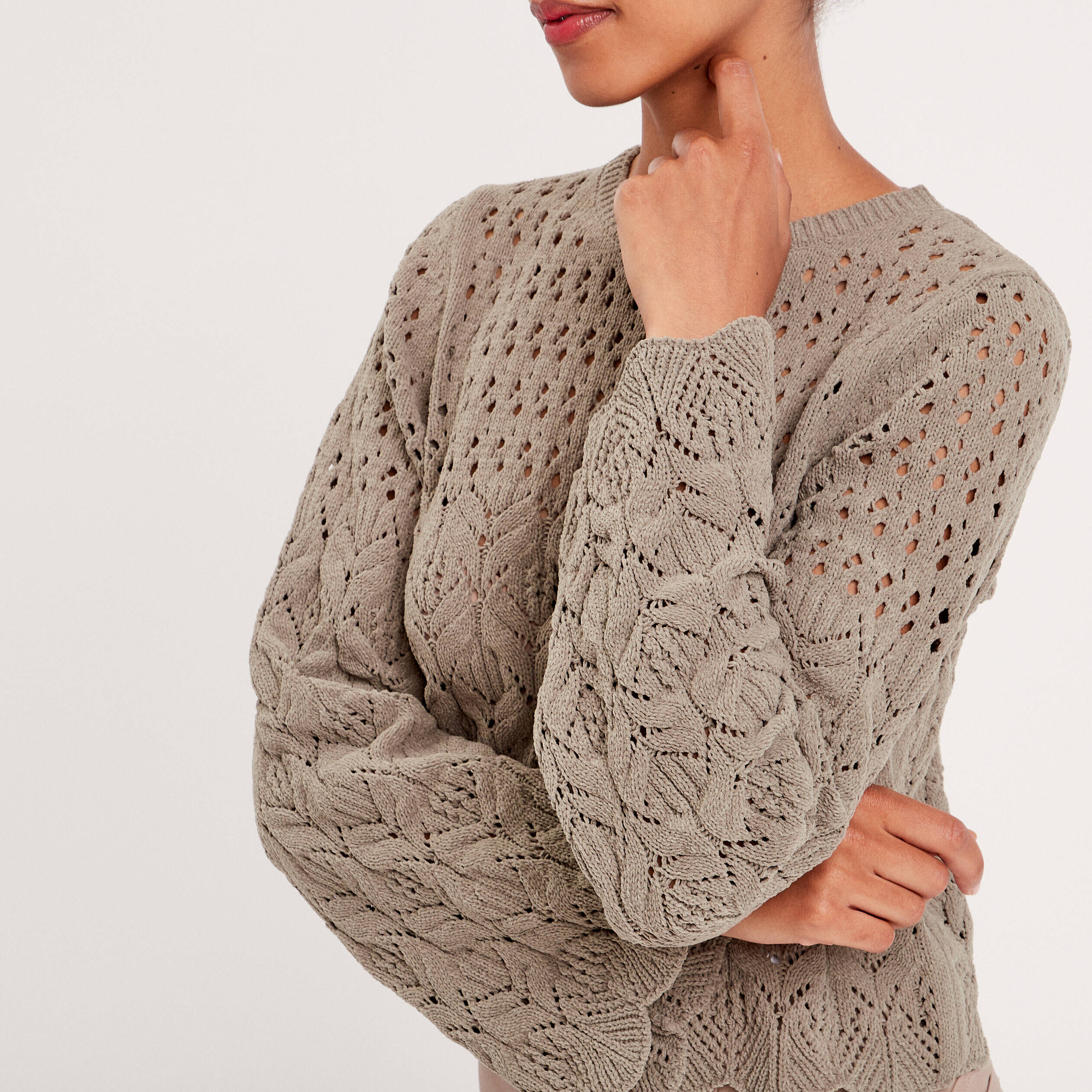 Pull ajouré avec bord festonné vert kaki femme | Cache Cache