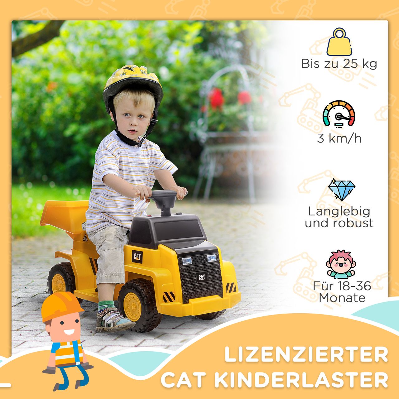 HOMCOM Elektro Kindertraktor mit kippbarer Ladefläche, max. 3 km/h Metall Gelb