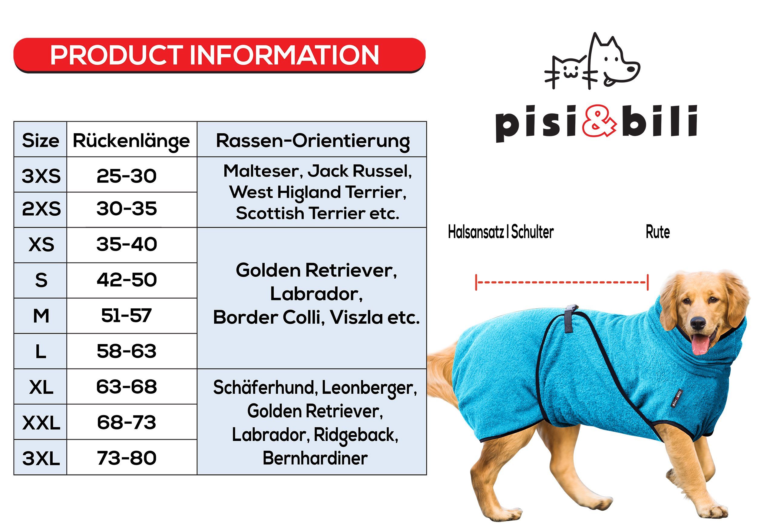Pisi & Bili Hundebademantel 100% Baumwolle Hundebademantel, Wintermäntel, zum Trocknen
