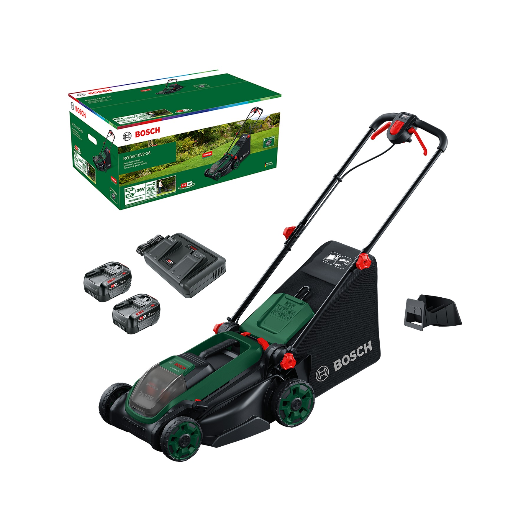 Бежична косилица Bosch Green 06008B9M00 Rotak 18V2-38 са 2 батерије од 18V 4.0Ah и пуњачем AL 2x18V-88 и утикачем за малчирање.