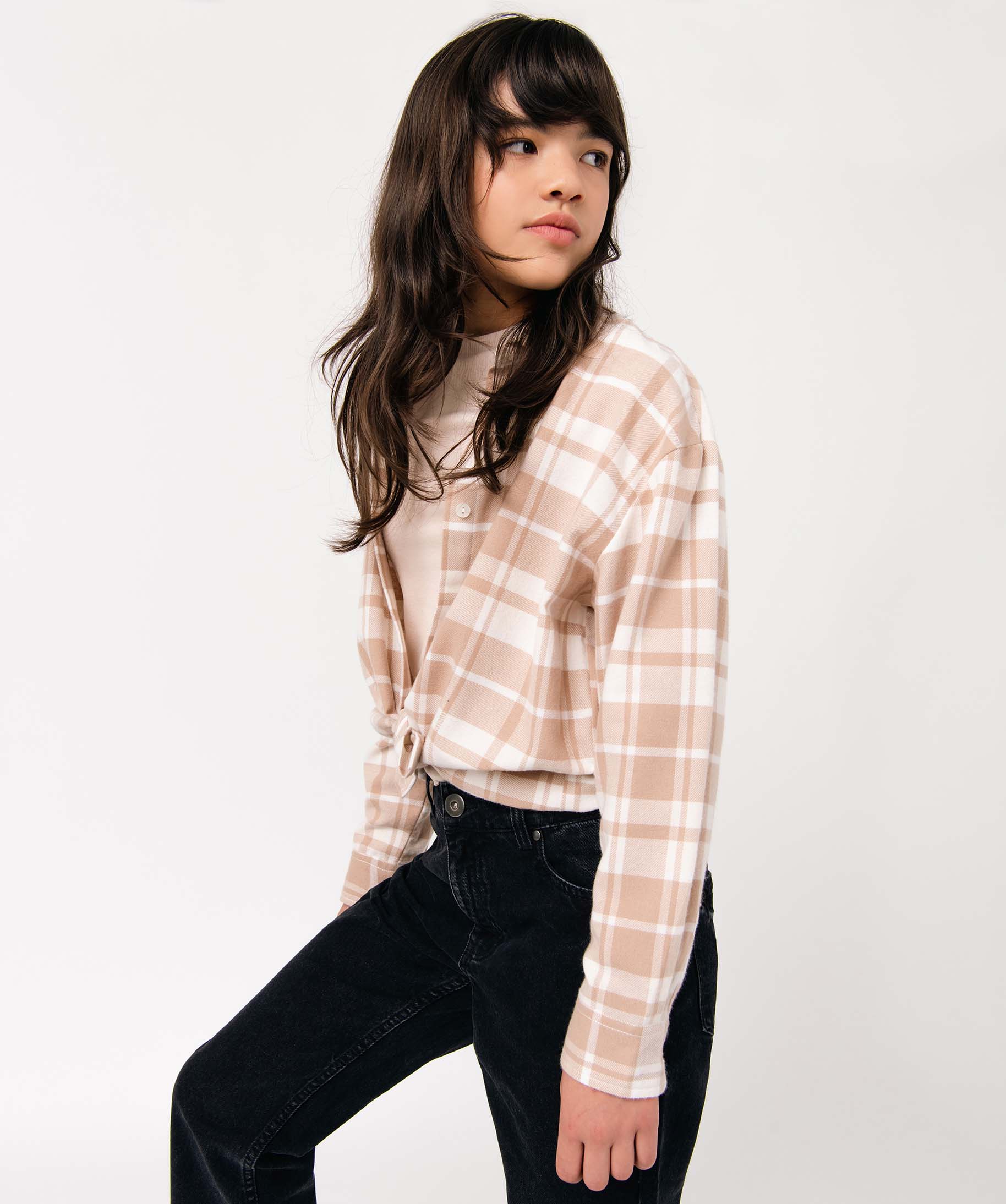 Chemise fille à carreaux en flanelle beige | GEMO