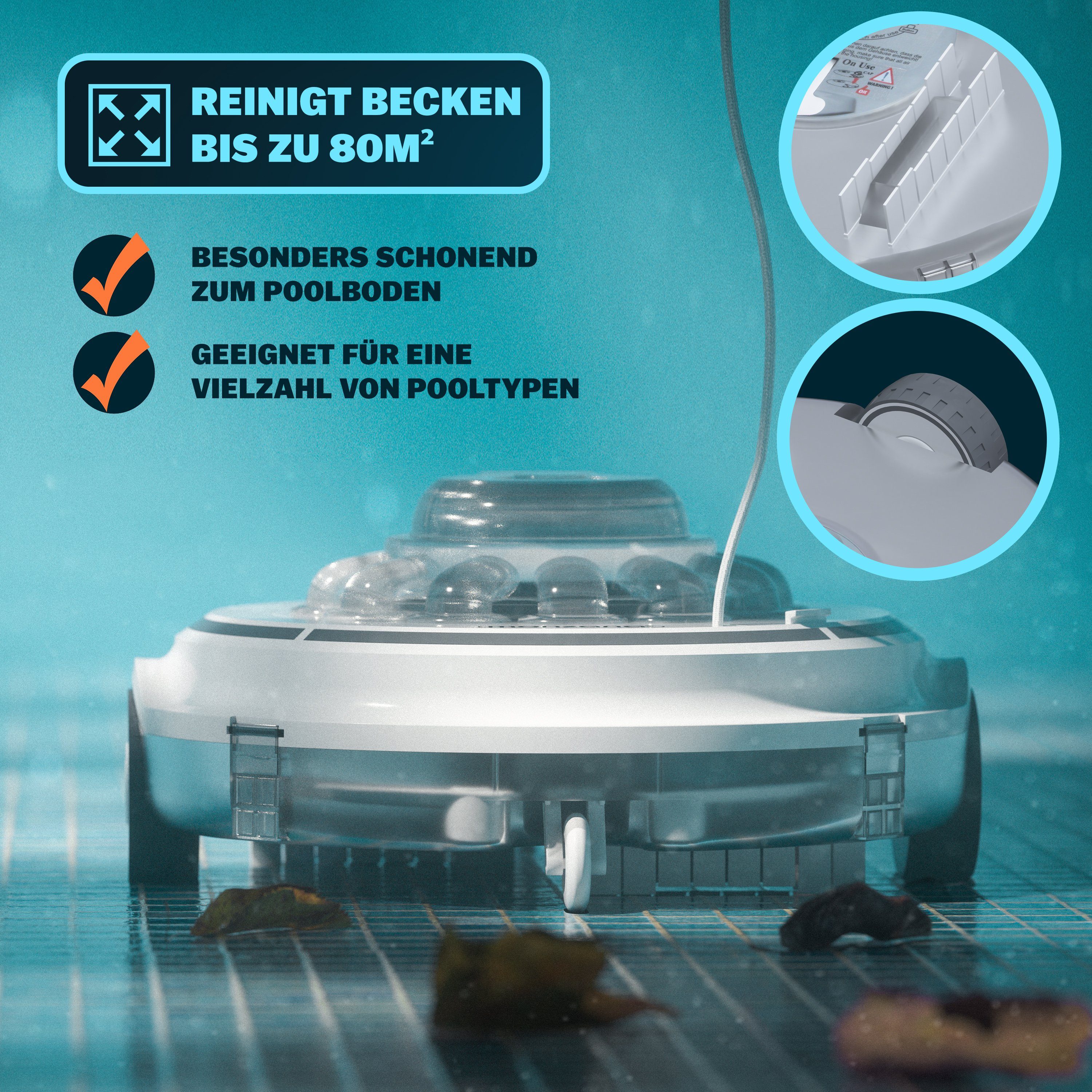 monzana Poolbodensauger, Poolboy500 Kabellos Vollautomatisch 80Min Akku 5200mAh Li-Ion 80m²
