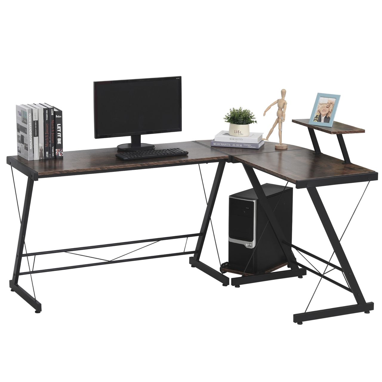 HOMCOM Computertisch, Eckschreibtisch, Schreibtisch, Bürotisch, Spanplatte Metall, Vintagebraun-Schwarz, 155 x 115 x 91,5 cm
