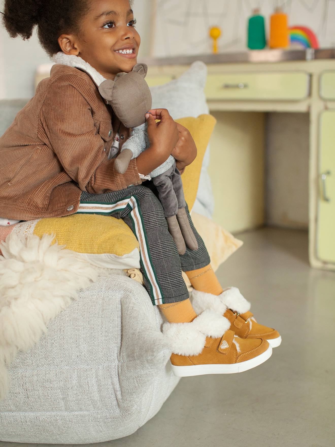 Bottines fourrées transformables en cuir fille camel