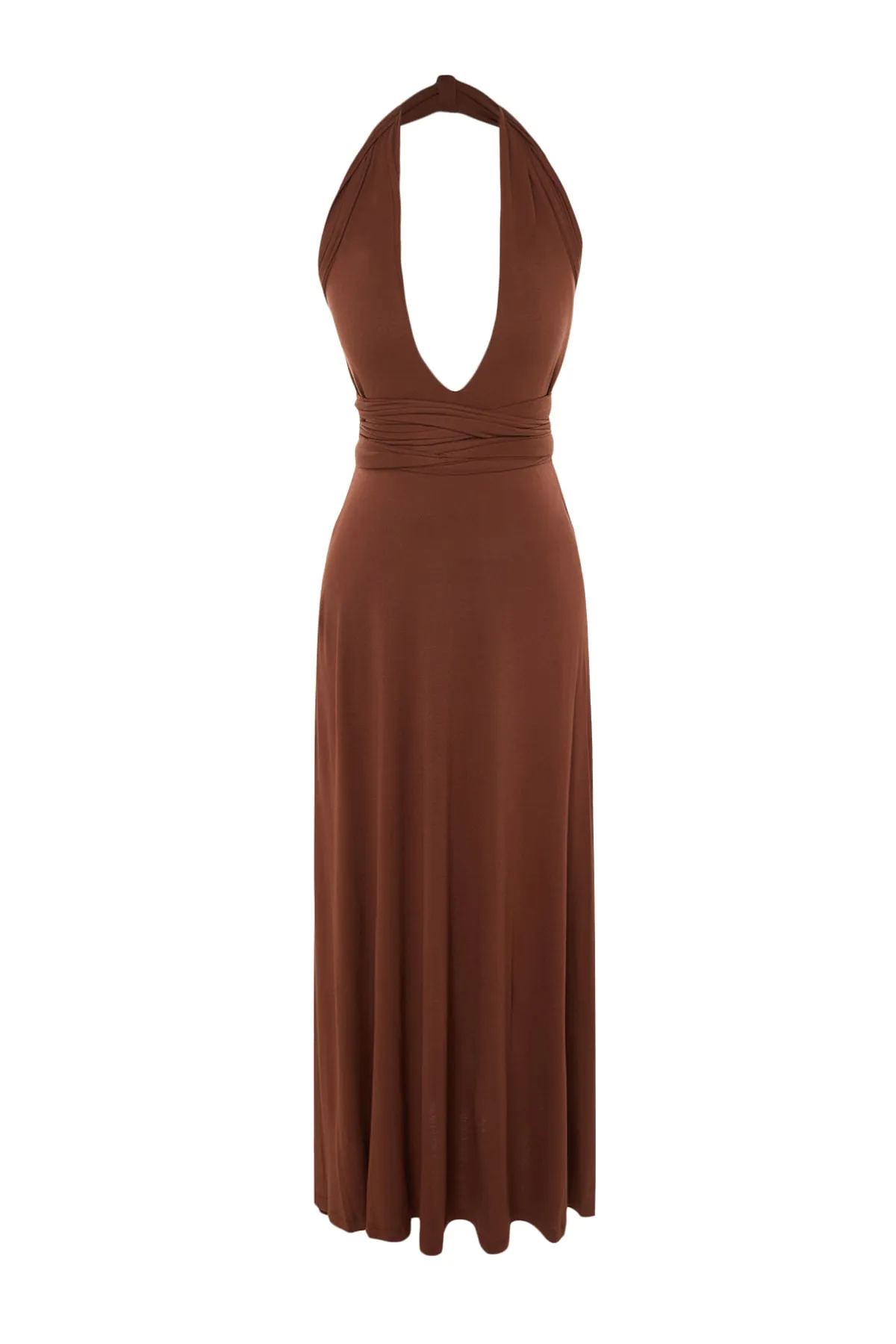 Trendyol Collection  Braunes Maxi-Strandkleid mit gestrickter Krawatte und Gürtel TBESS21EL2992