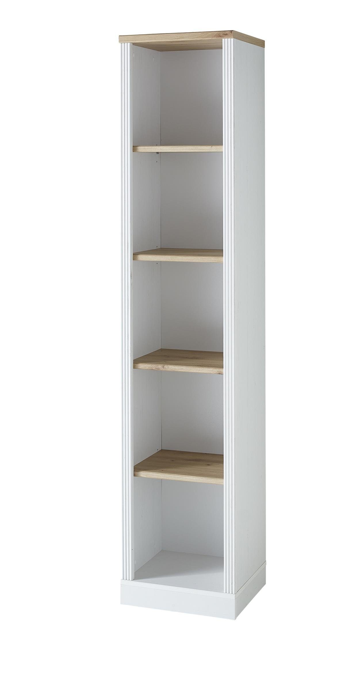 möbelando Aktenregal Jasmin, Aktenregal im modernen Landhausstil aus Spanplatte in Pinie hell Nachbildung, Absetzungen in Artisan Eiche Nachbildung mit 5 offenen Fächern. Breite 43 cm, Höhe 204 cm, Tiefe 38 cm