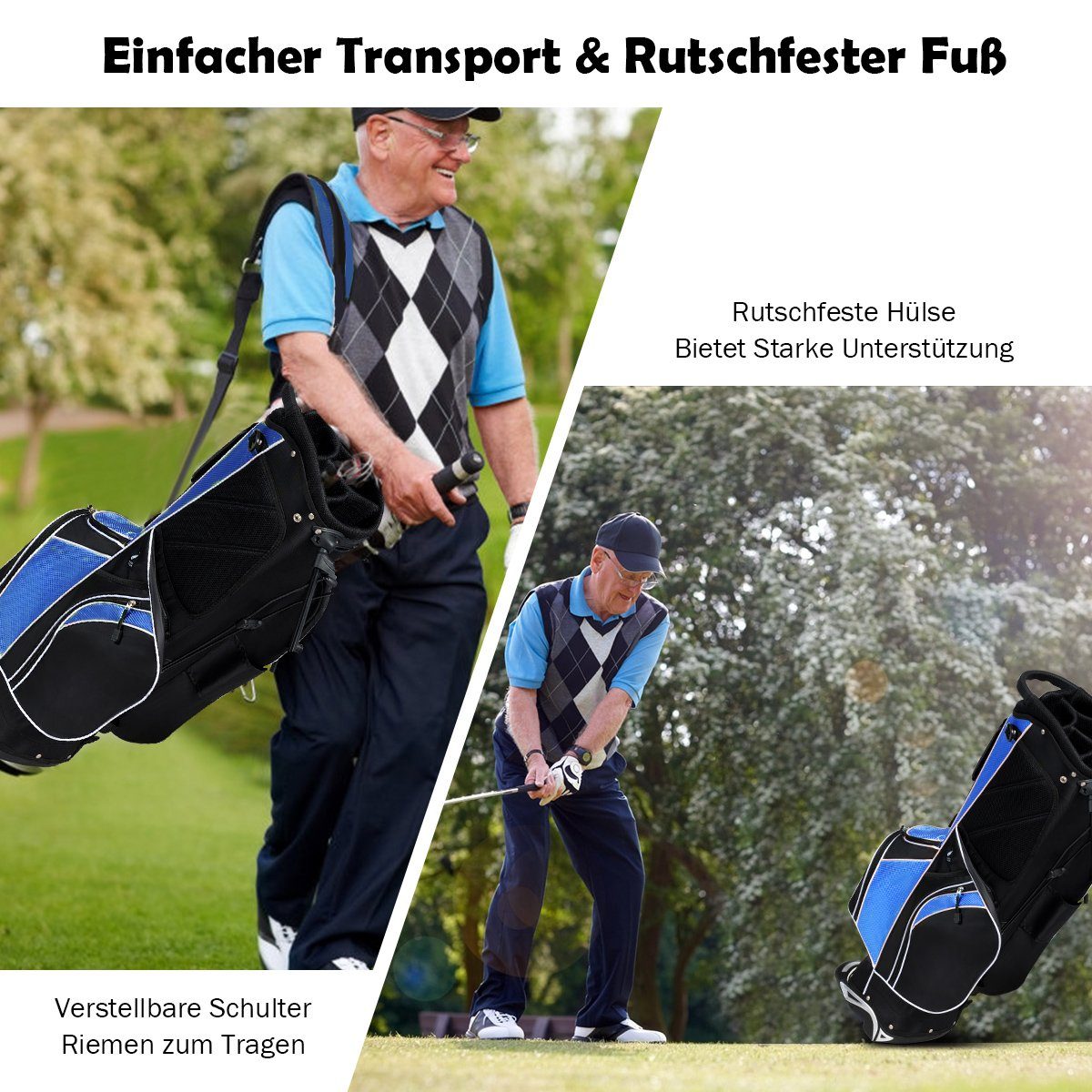 COSTWAY Golftrolley + Golfbag, mit Ständer, Regenschirmhalter